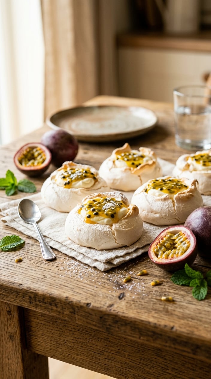 A close-up of six small meringue nests on a parchment-lined surface, each filled with passionfruit pulp and seeds, surrounded by halved fresh passionfruits and a few mint leaves.