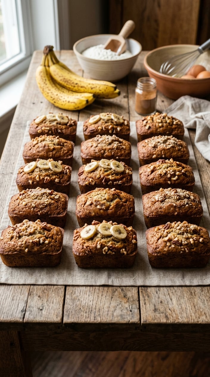 Six small golden-brown banana bread loaves arranged in two rows on a weathered wood surface, with ripe bananas, a cracked egg, and a small jar of flour visible in the background.