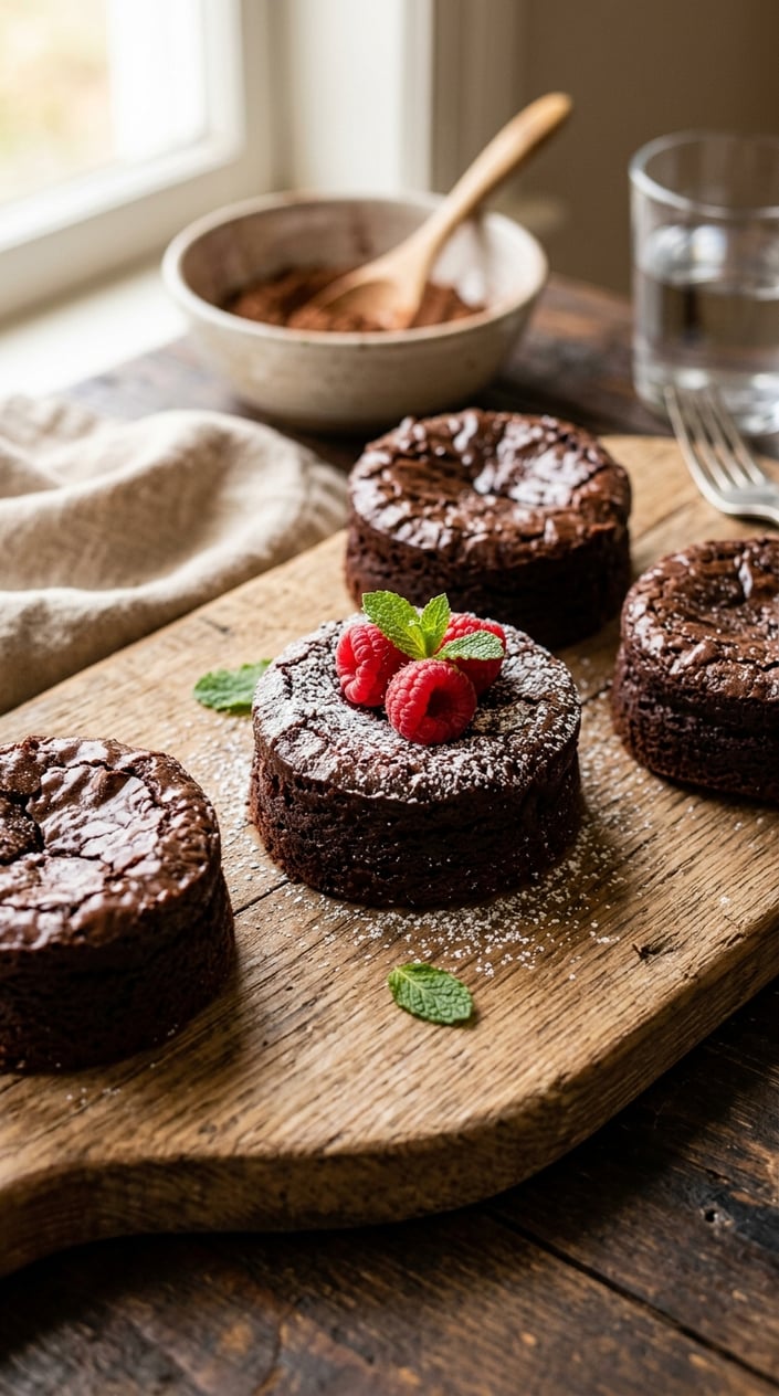 Four small dark chocolate tortes on a round wooden board, each garnished with two fresh raspberries and a small mint sprig, with a matte dark background.
