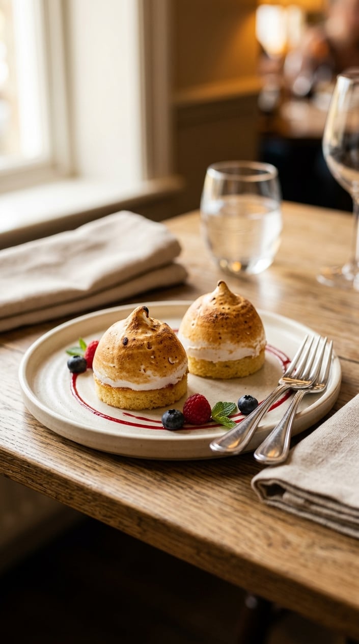 Two small Baked Alaska desserts plated on a white oval dish, each with a toasted golden meringue dome over a slice of pound cake, with two silver forks resting beside them on a softly lit table.