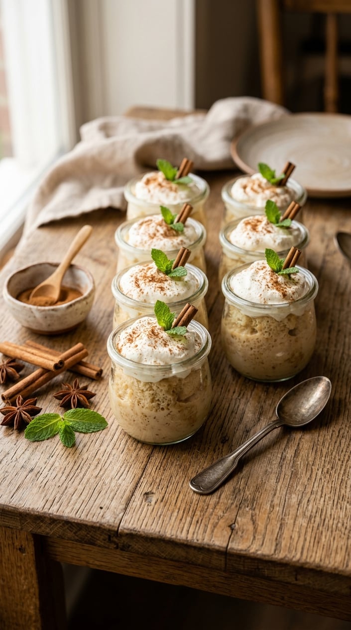 Six small glass ramekins filled with sponge cake soaked in three milks, each topped with a swirl of whipped cream and a dusting of ground cinnamon, with a silver spoon and a few mint leaves on the side.