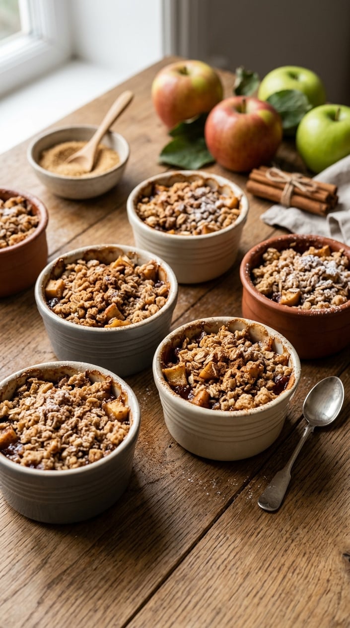 Four small terracotta-style pots filled with bubbling apple cinnamon crumble, the oat topping golden and slightly caramelized at the edges, with whole apples and cinnamon sticks arranged around them on a wood surface.
