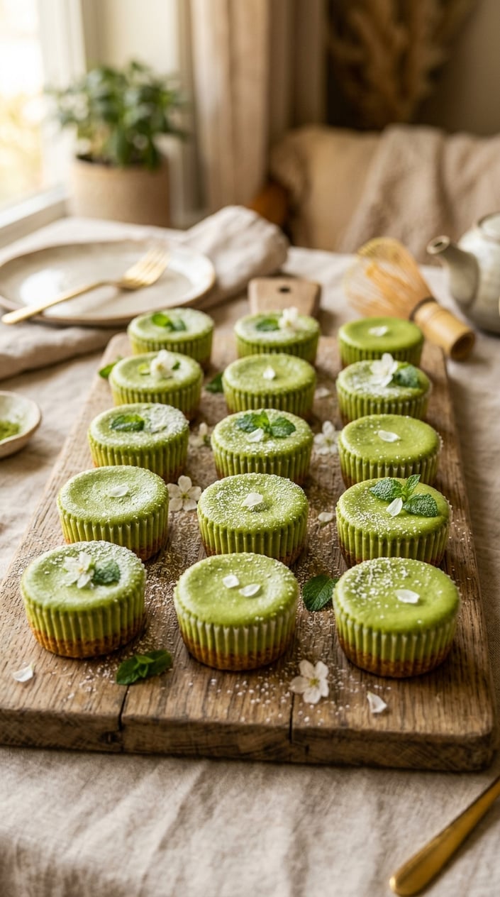 Six small round matcha cheesecakes on a dark wood serving board, their pale green surfaces dusted with powdered sugar and each garnished with a single small mint leaf.