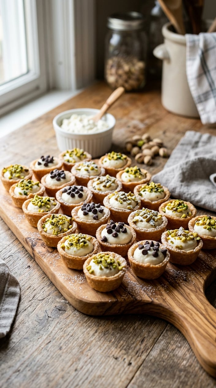 Eight crispy golden phyllo cups on a wooden board, each filled with a generous spoonful of creamy ricotta dotted with mini chocolate chips and a few crushed pistachios on top, photographed on a kitchen counter.