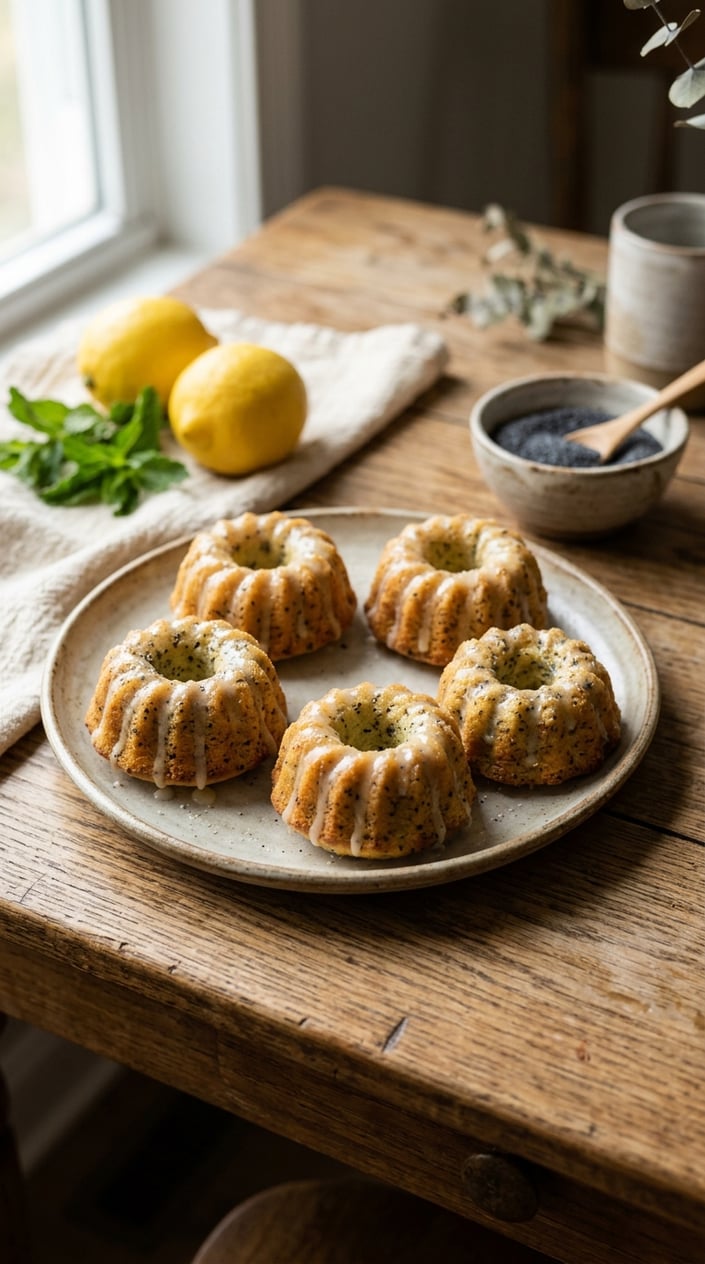 Eight small bundt-shaped lemon poppy seed cakes on a white ceramic plate, each with a glossy lemon glaze dripping down the ridges, with halved lemons and a small bowl of poppy seeds beside them on a wood surface.