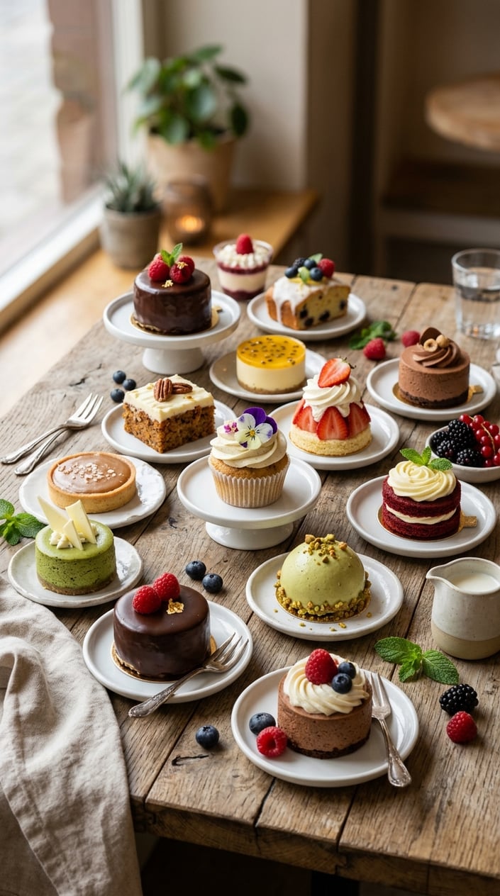 An overhead view of a spread of fifteen different mini cakes on a large wooden surface, surrounded by small clusters of fresh berries and dessert forks with white handles.