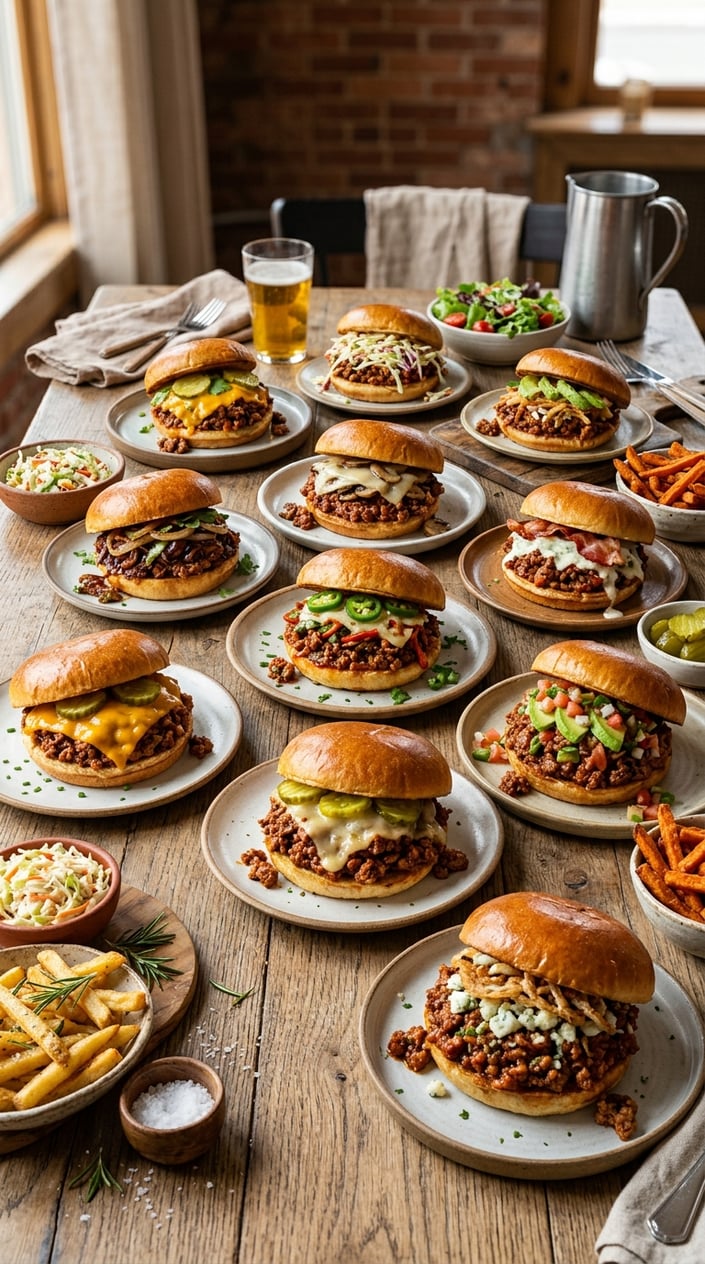 Nine sloppy joe sandwiches arranged on a weathered wooden table, each with distinct toppings including pickled vegetables, crumbled cheese, sesame seeds, and fresh herbs.
