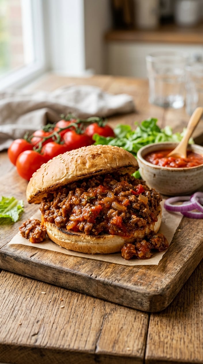 A sloppy joe sandwich on a toasted sesame bun, stuffed with glistening beef and tomato sauce, with whole tomatoes and leafy greens visible on a dark wood surface.
