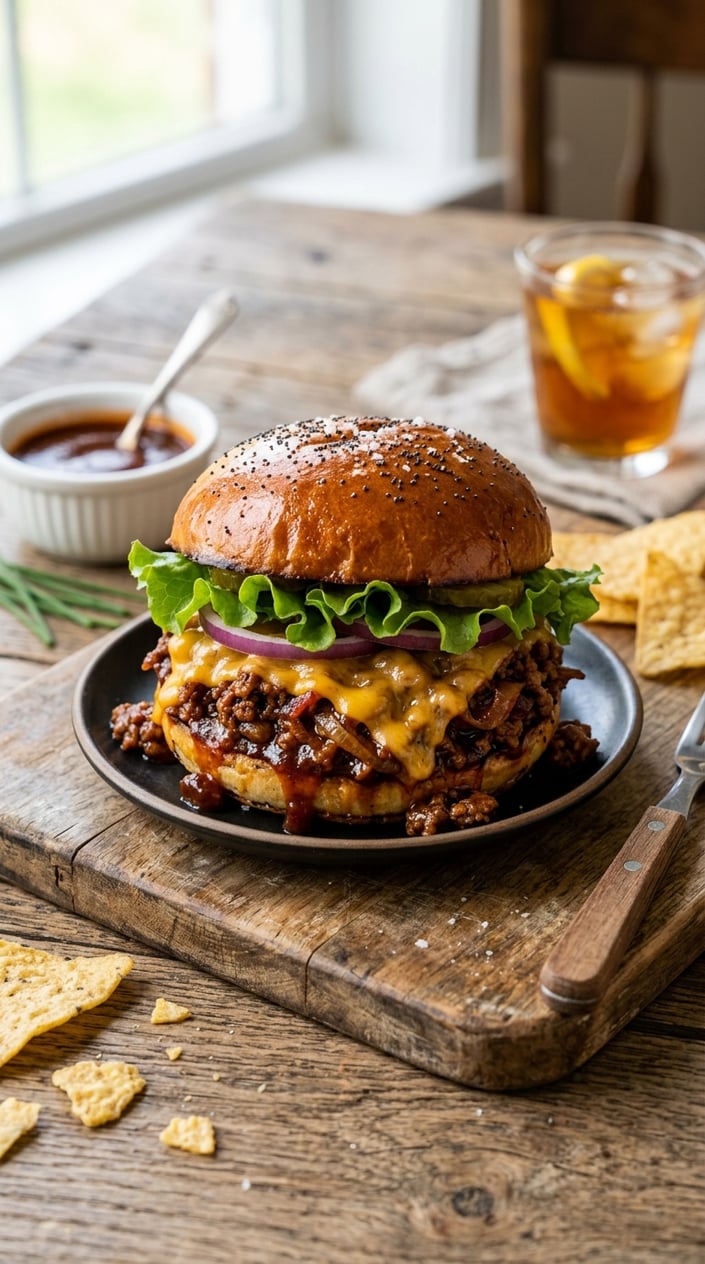 A chipotle bourbon sloppy joe with melted cheddar and shredded lettuce on a toasted brioche bun, with a sweating glass of iced tea and a small ramekin of dark sauce in the background.