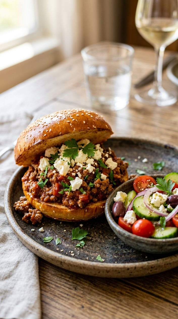 A lamb sloppy joe on a toasted roll, topped with crumbled white feta and bright green parsley leaves, with a small Greek salad visible on the plate beside it.