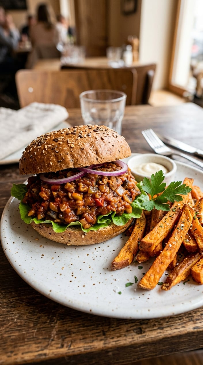 A mushroom and walnut sloppy joe on a whole grain bun with shredded lettuce and thin-sliced red onion, plated beside a small pile of sweet potato fries and a parsley sprig.