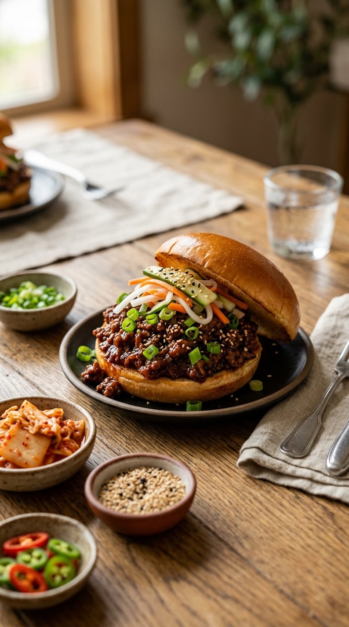 A Korean-style sloppy joe on a toasted bun with spicy ground beef and quick-pickled vegetables, set on a wooden table with small ceramic bowls of sesame seeds and sliced scallions nearby.