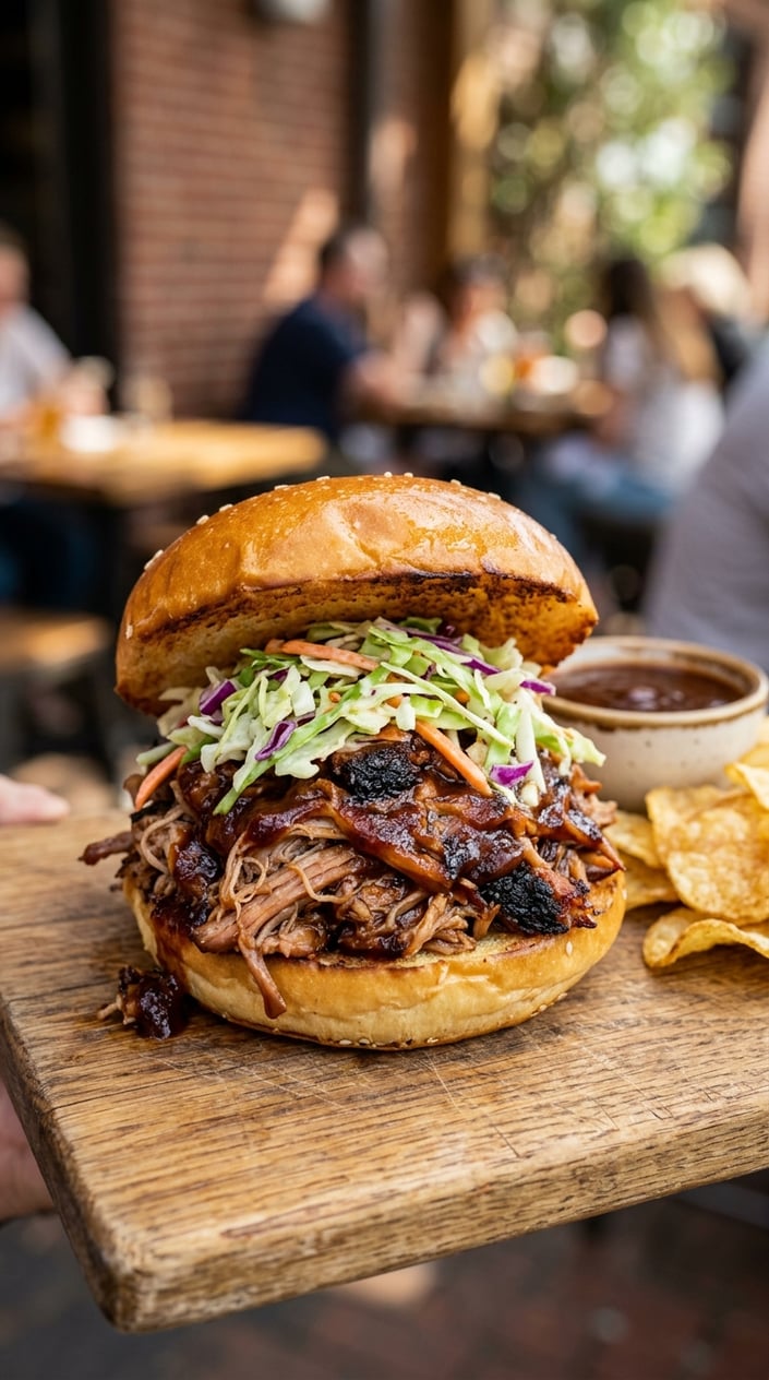 A pulled pork sloppy joe loaded with creamy coleslaw on a toasted brioche bun, served on a wooden board next to a small bowl of deep red barbecue sauce and a handful of ridged potato chips.
