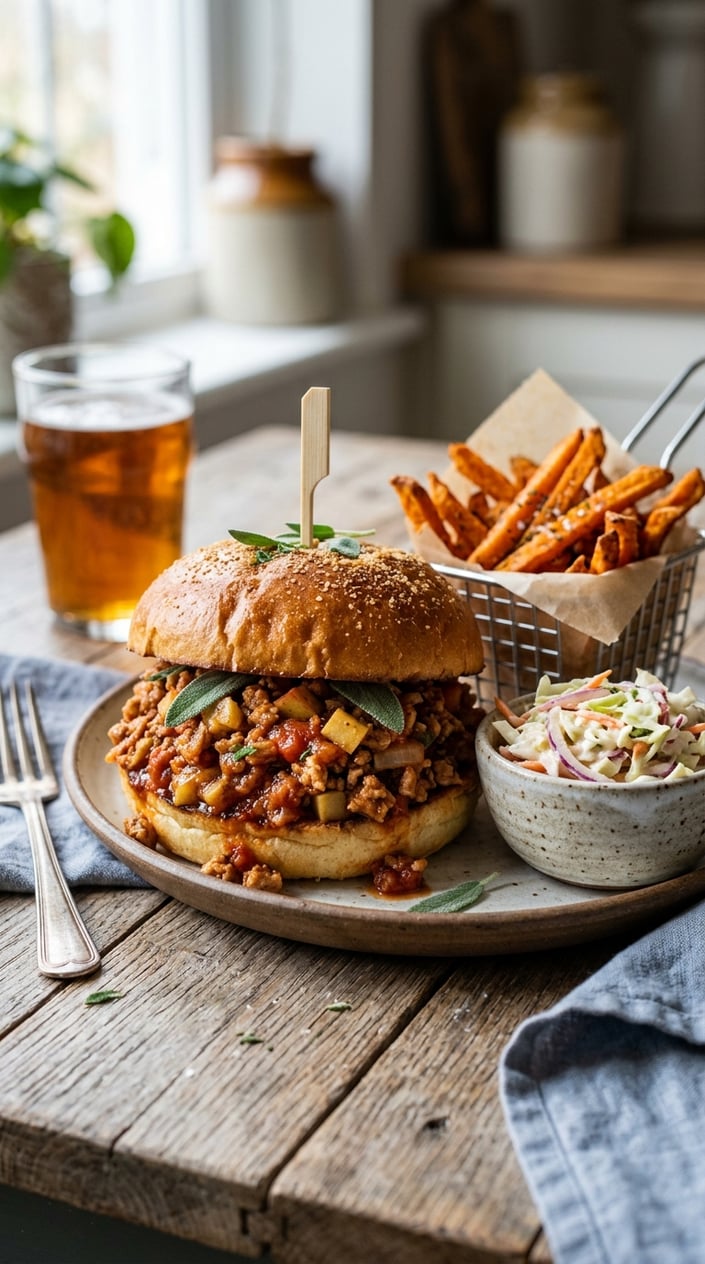 A turkey and apple sloppy joe on a toasted potato roll with creamy coleslaw, plated next to a pile of sweet potato fries on a pale wood surface.