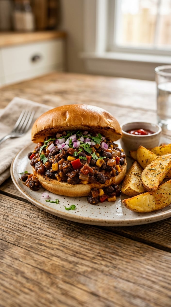 A black bean sloppy joe on a seeded bun, topped with bright fresh garnishes, with a side of golden potato wedges on a dark wood table.