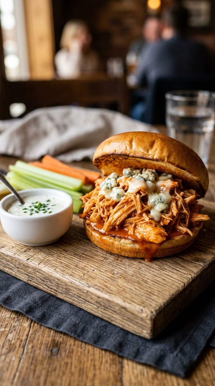 A buffalo chicken sloppy joe with visible blue cheese crumbles on a toasted sesame bun, served alongside celery and carrot sticks and a small ramekin of creamy blue cheese dressing.