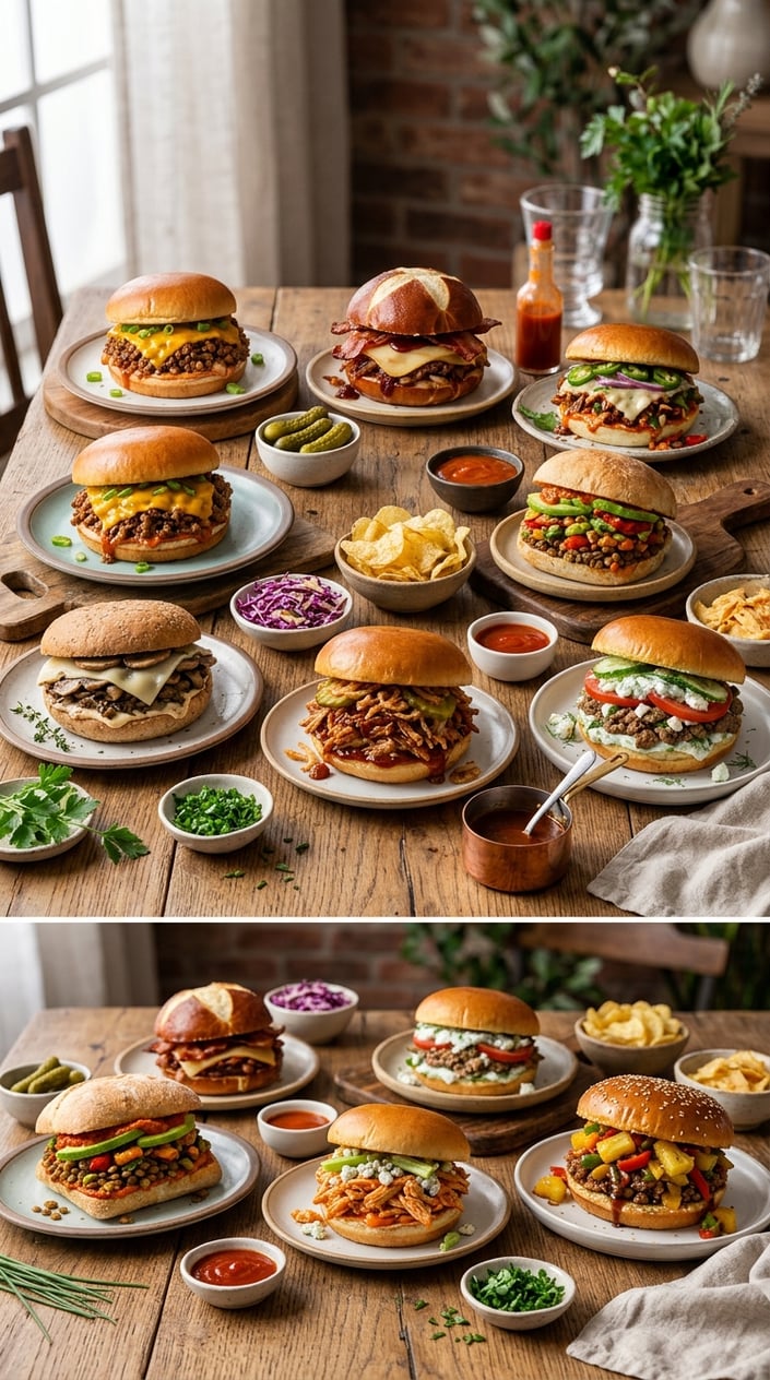 An overhead view of nine sloppy joe sandwiches on a large wooden table, each topped differently with visible toppings including pickled onions, feta, sesame seeds, and shredded slaw.