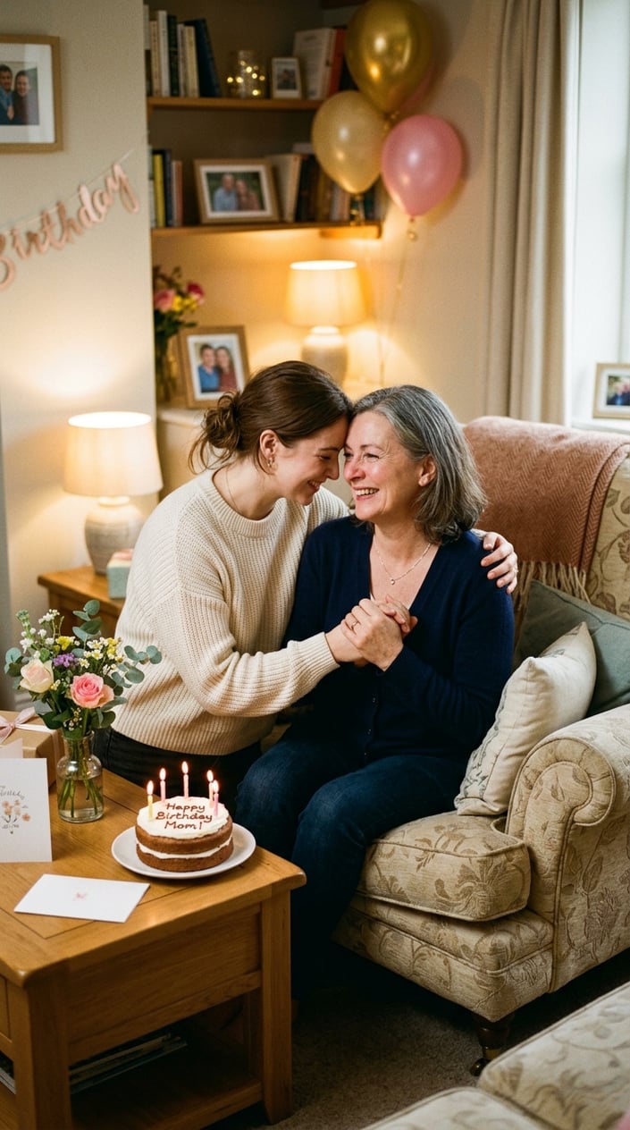 Happy Birthday, Mom: 10 Ways to Make Her Feel Seen (Not Just Celebrated) 2 A mother and adult child share a warm, heartfelt moment during a birthday celebration at home.