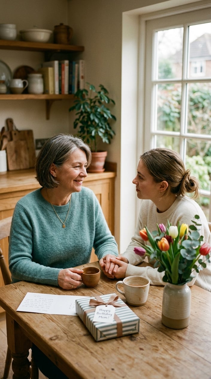 Happy Birthday, Mom: 10 Ways to Make Her Feel Seen (Not Just Celebrated) 3 A middle-aged woman and a younger woman sitting at a kitchen table, holding hands and smiling warmly at each other.