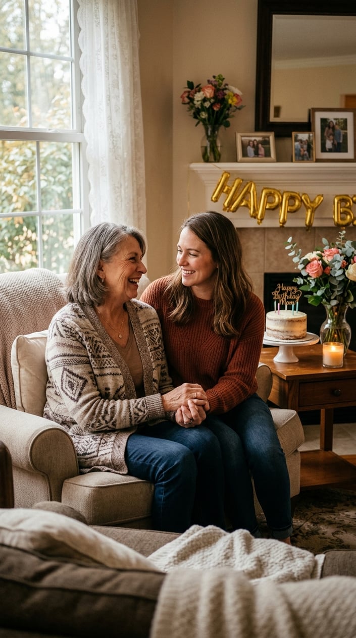 Happy Birthday, Mom: 10 Ways to Make Her Feel Seen (Not Just Celebrated) 4 A mother and adult daughter sitting together, holding hands and smiling warmly at each other in a cozy room with birthday decorations.