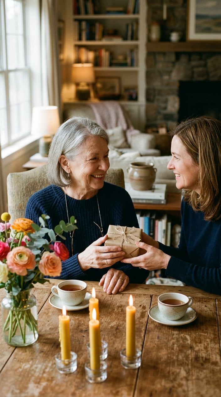Happy Birthday, Mom: 10 Ways to Make Her Feel Seen (Not Just Celebrated) 6 A mother and adult child sharing a tender moment as the child gives her a small gift at a cozy table with candles and flowers.