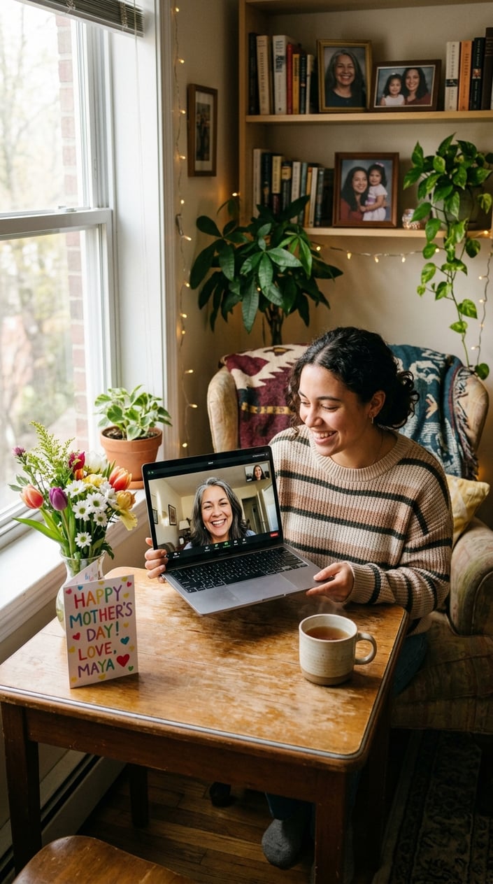 Happy Birthday, Mom: 10 Ways to Make Her Feel Seen (Not Just Celebrated) 7 A young adult video calling their mother on a laptop from a cozy room, smiling warmly with small gifts and flowers on the table nearby.