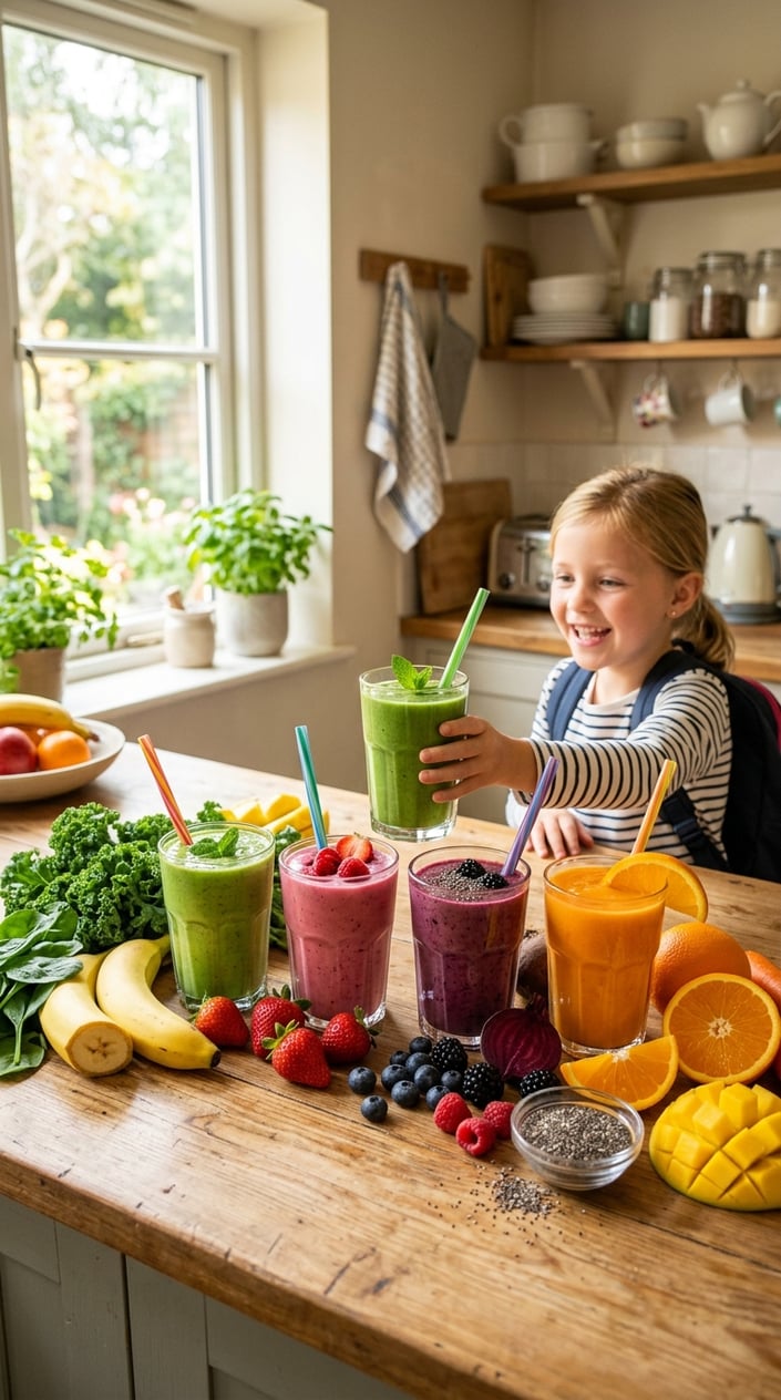 A child reaching toward a row of colorful fruit and vegetable smoothies in clear cups on a white kitchen counter, surrounded by fresh strawberries, spinach, and banana slices.