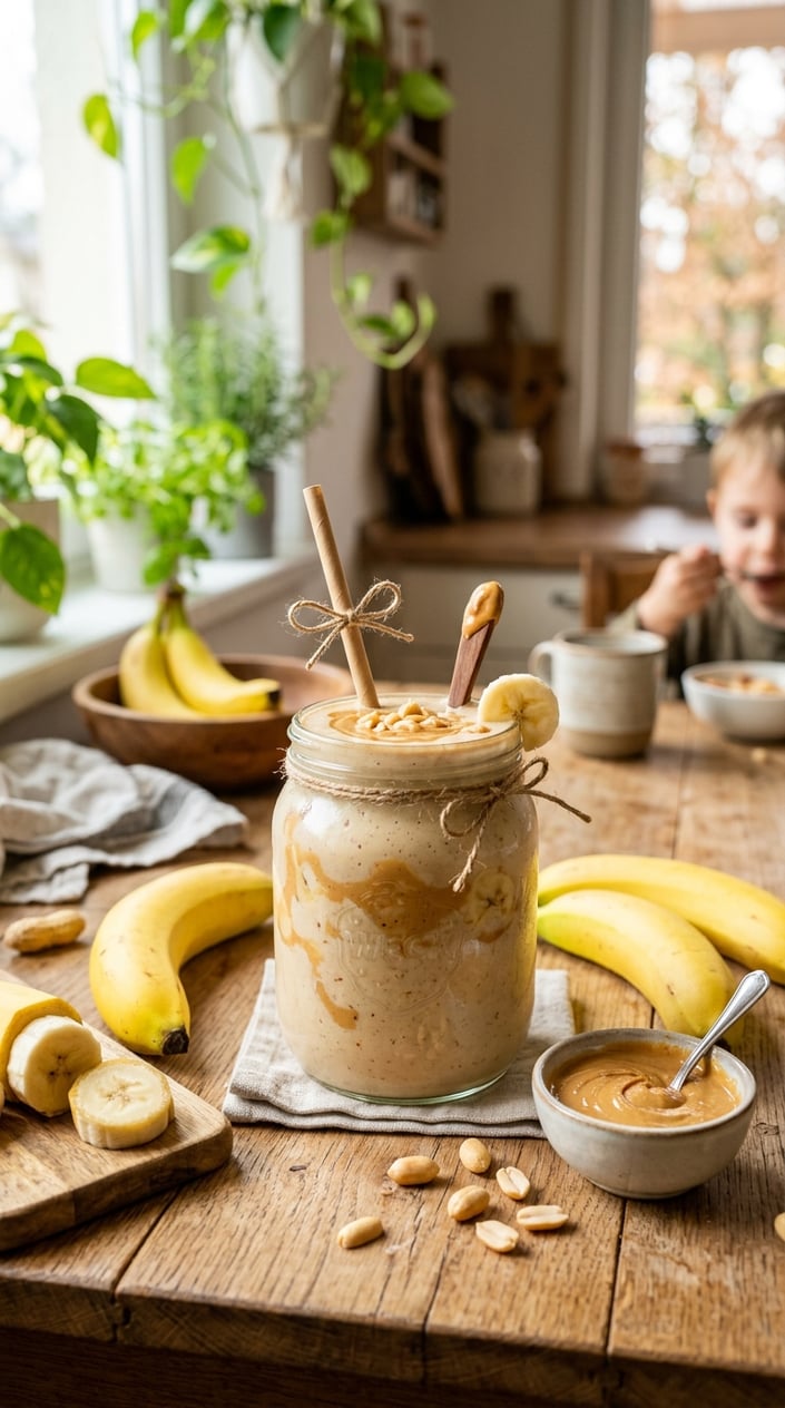 A glass jar of thick banana peanut butter smoothie on a worn wooden table, flanked by a ripe spotted banana, a spoonful of creamy peanut butter, and a small pile of whole peanuts in warm morning light.