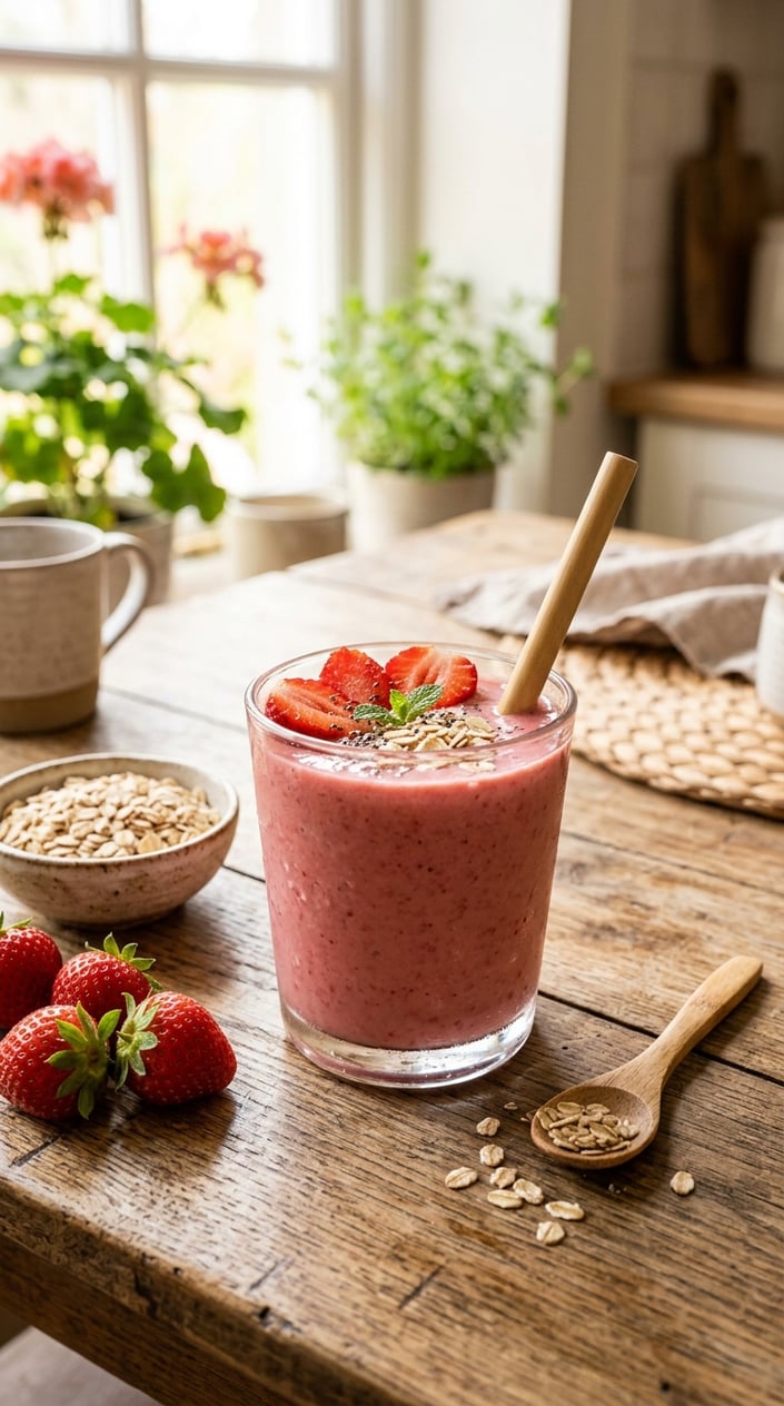 A tall glass of pale pink strawberry oat smoothie topped with three fresh strawberry halves and a pinch of rolled oats, set on a wooden table beside a small bowl of oats and a handful of whole strawberries.