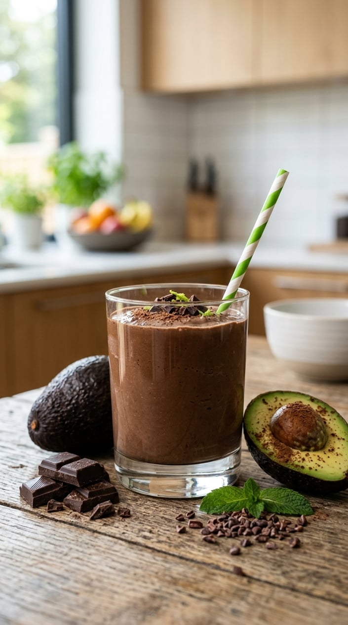 A dark chocolate-brown smoothie in a clear glass set on a rough wooden surface, with a halved ripe avocado and two rough squares of dark chocolate placed beside it.