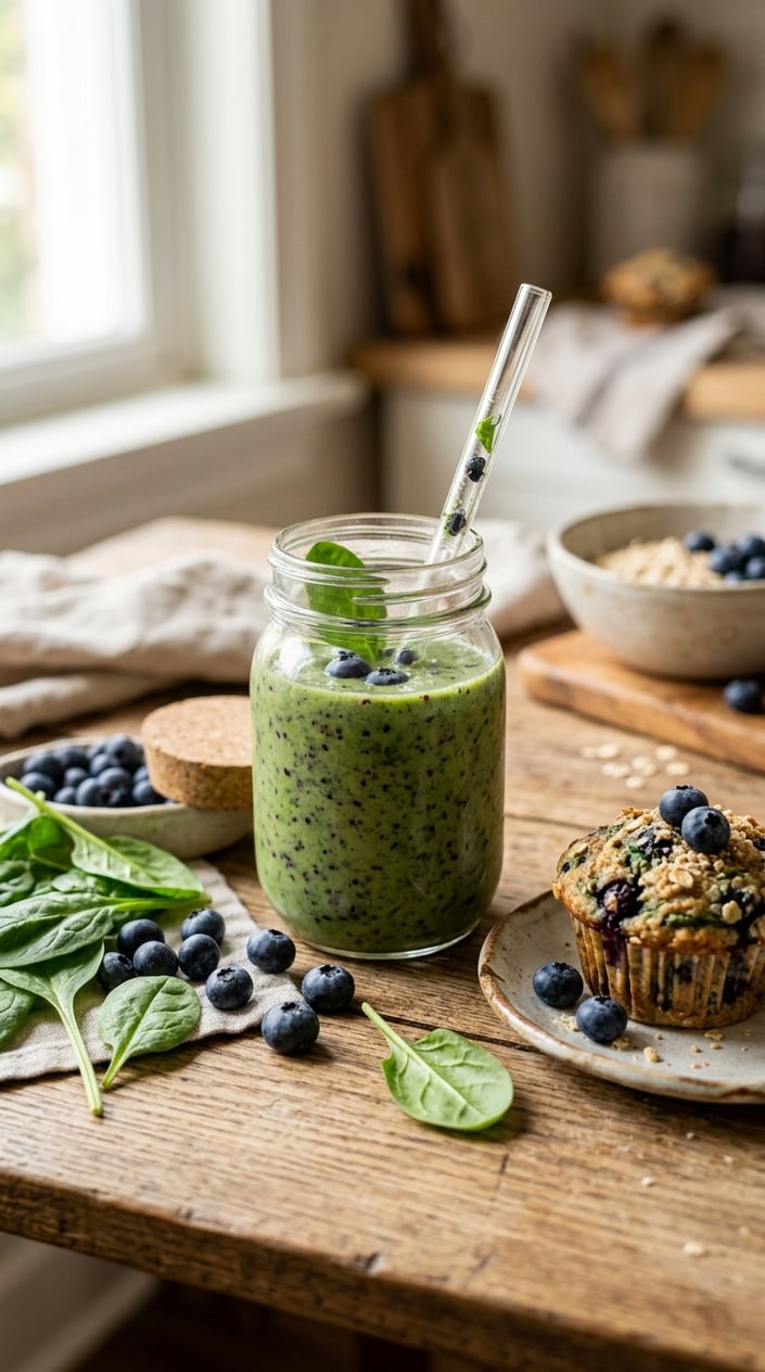 A deep purple-blue smoothie in a clear glass beside a small blueberry muffin, a loose cluster of fresh blueberries, and two dark spinach leaves on a light wooden table.