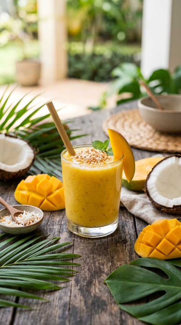 A bright golden-orange mango coconut smoothie in a clear glass on a wooden table surrounded by fresh mango cubes, a halved coconut showing white flesh, and a few large glossy tropical leaves.