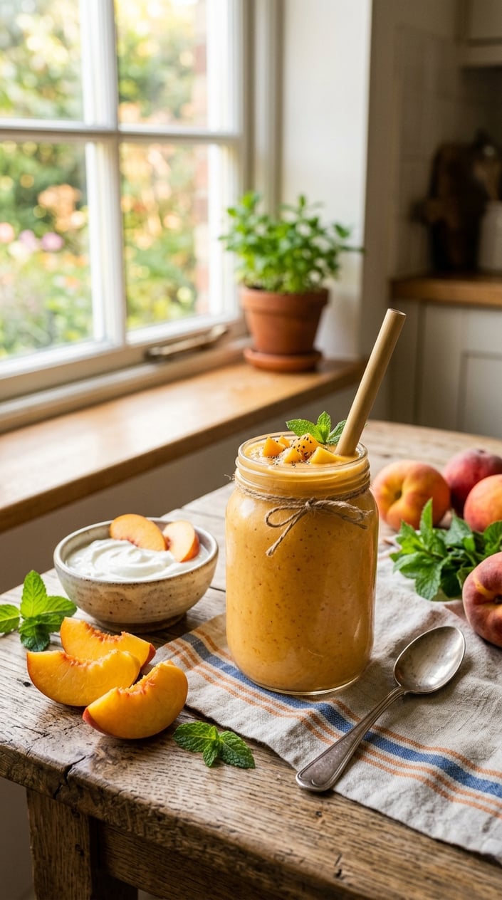 A glass jar of pale peach-orange smoothie on a wooden table with three fresh peach slices fanned out beside it, a small dish of white yogurt, and two mint sprigs in soft natural light.
