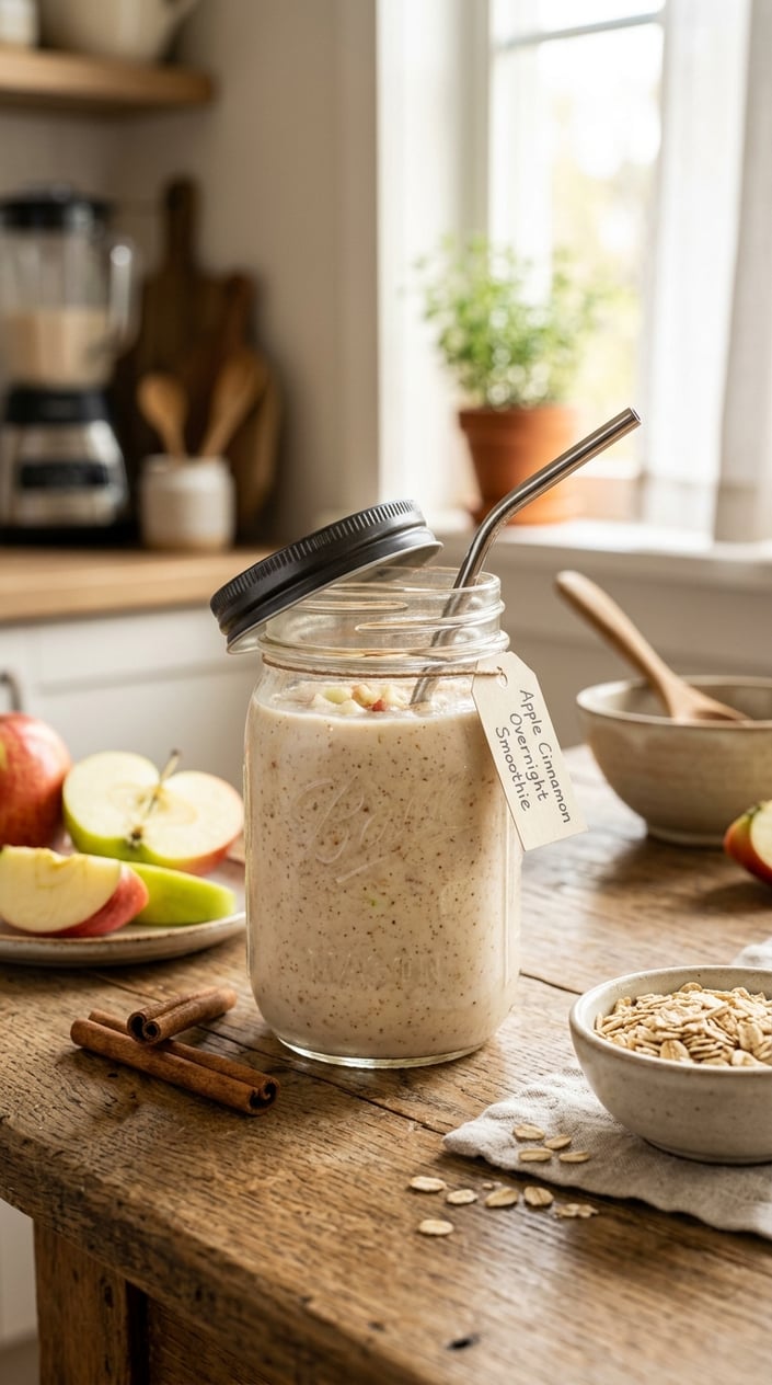 A sealed glass jar of warm-toned apple cinnamon smoothie on a wooden table beside three apple slices, two cinnamon sticks crossed over each other, and a small pile of oats in bright kitchen light.