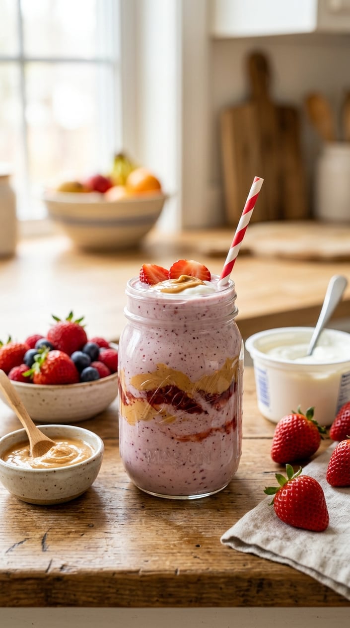 A glass jar filled with a thick creamy purple PB&J smoothie on a kitchen countertop surrounded by fresh whole strawberries, a spoonful of peanut butter, a small cluster of mixed berries, and a white dish of Greek yogurt.