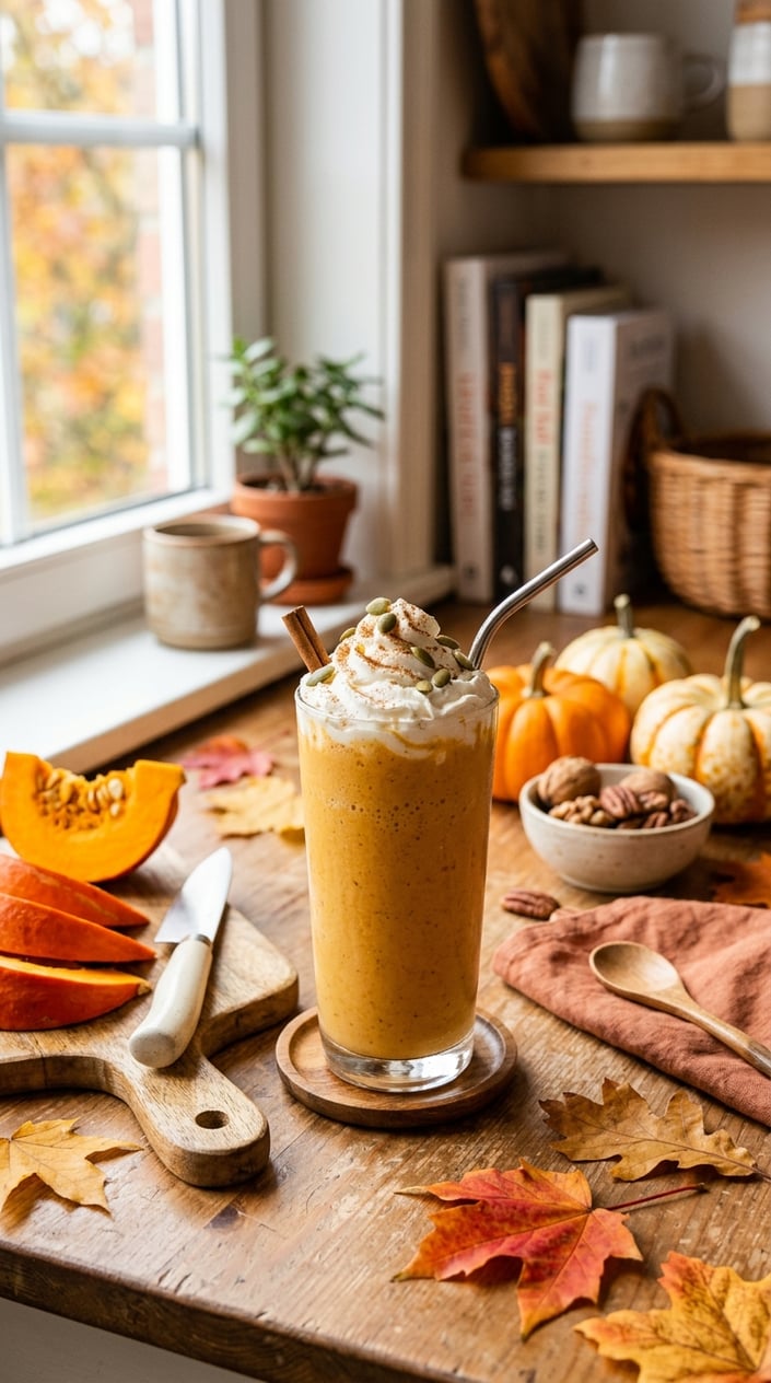 A glass of warm amber pumpkin smoothie topped with a swirl of whipped cream and a dusting of ground cinnamon, set on a rustic wooden surface surrounded by two small sugar pumpkins and a few dried autumn leaves.