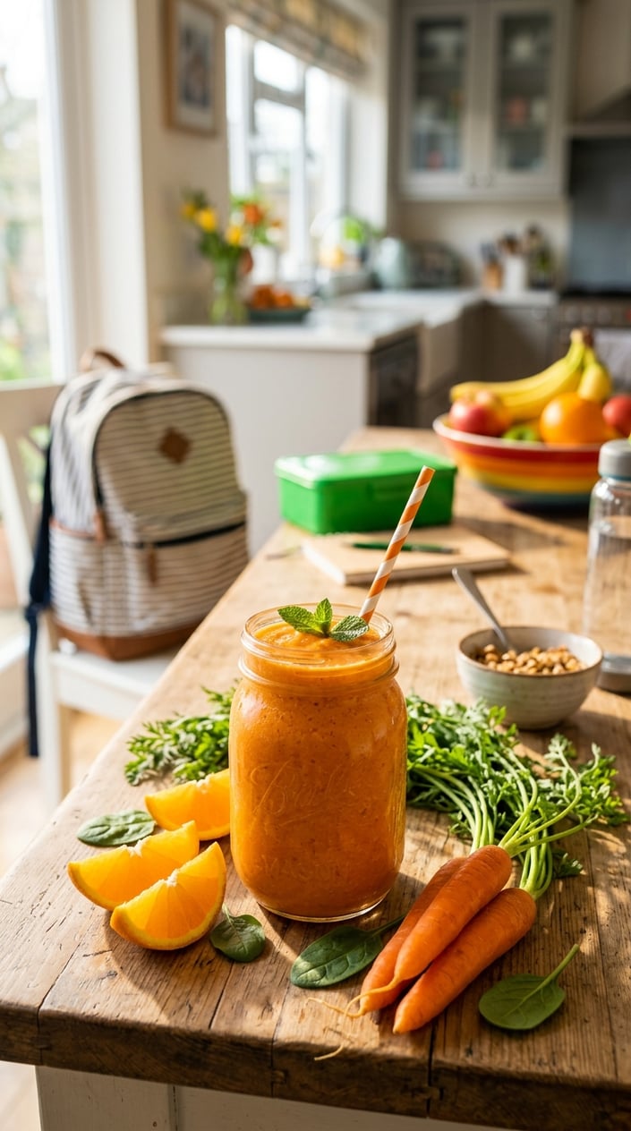 A bright orange carrot and orange smoothie in a clear glass on a kitchen counter, with two whole raw carrots, a halved orange, and a few loose spinach leaves in the foreground and a soft-focus lunchbox and school bag visible in the background.