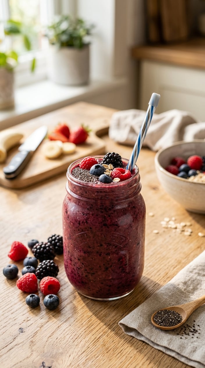 A glass jar filled with a deep violet mixed berry chia smoothie, topped with a cluster of fresh raspberries and blueberries, sitting on a wooden table with a softly blurred kitchen behind it.