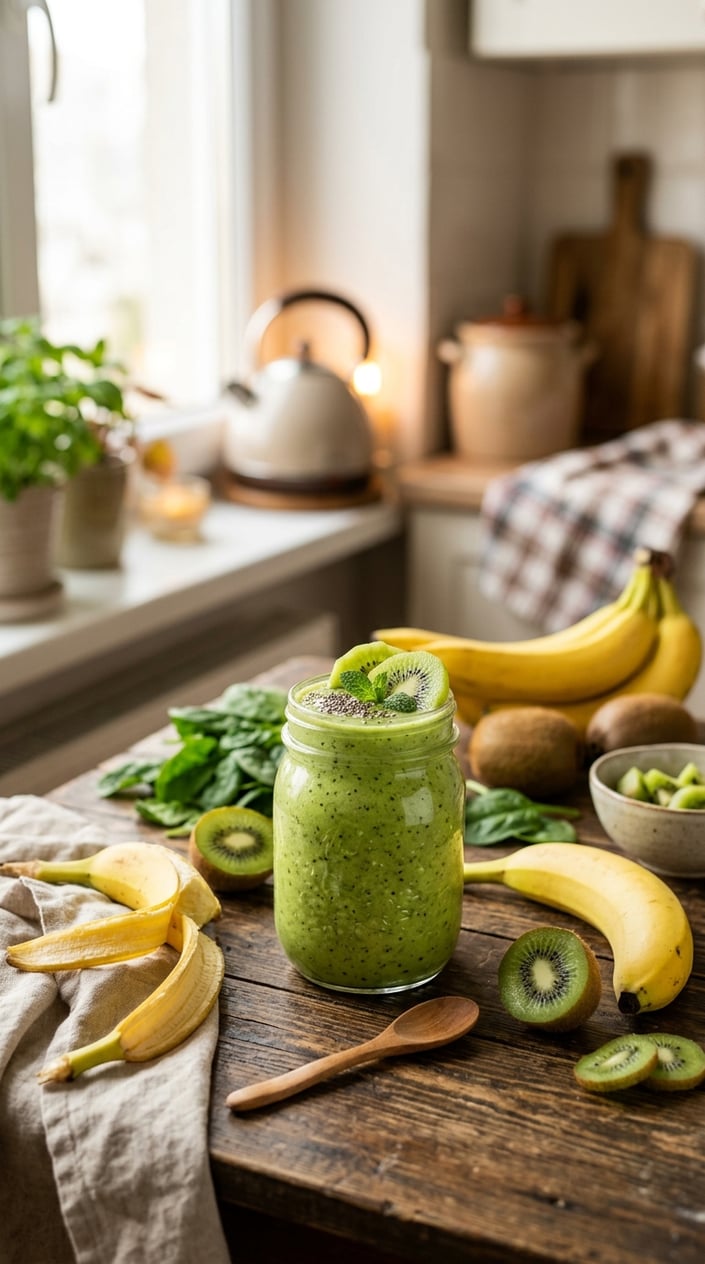 A bright green kiwi banana smoothie in a clear glass jar on a wooden table with two halved kiwis showing their green flesh and black seeds, a peeled banana, and a small pile of packed spinach arranged around it.