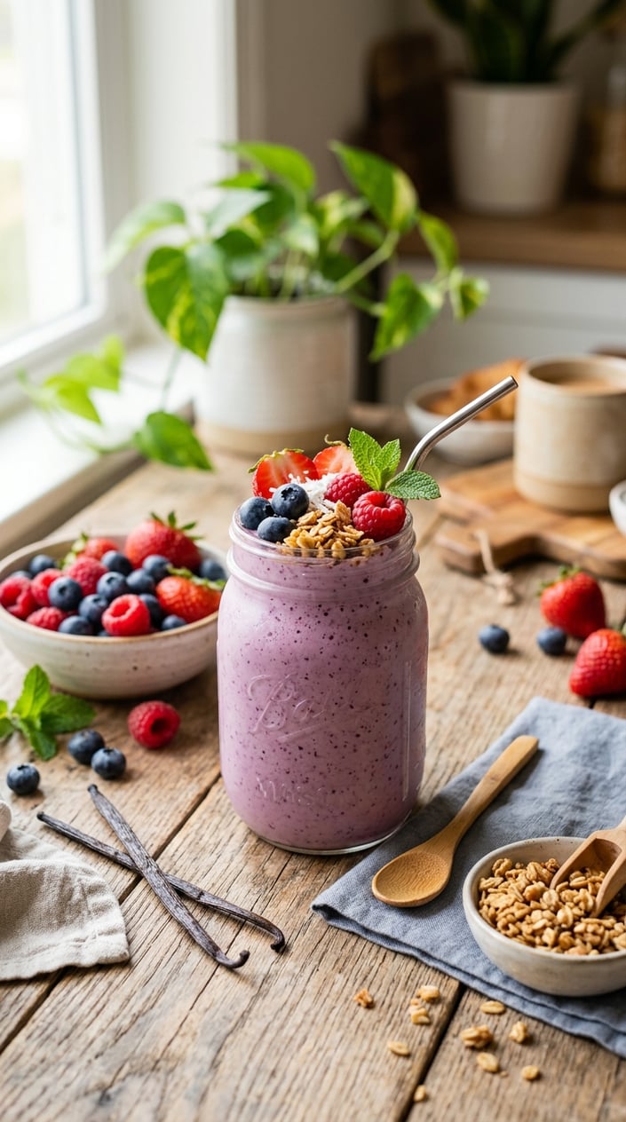 A pale pink vanilla berry smoothie in a clear glass topped with a generous handful of granola and three fresh raspberries, set on a wooden table with a small bowl of mixed berries and a sprig of mint beside it.