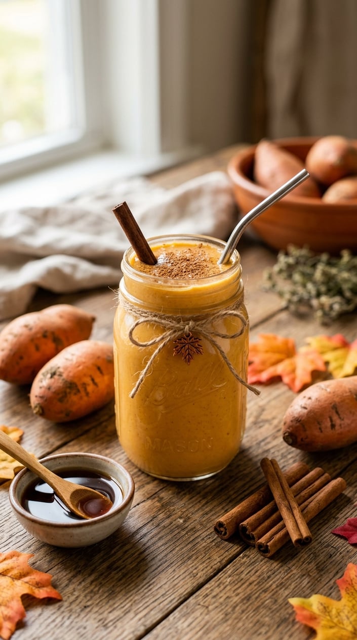 A glass jar of thick orange sweet potato maple smoothie on a wooden table surrounded by two raw sweet potatoes, a small bottle of amber maple syrup, two crossed cinnamon sticks, and a few scattered dried leaves.
