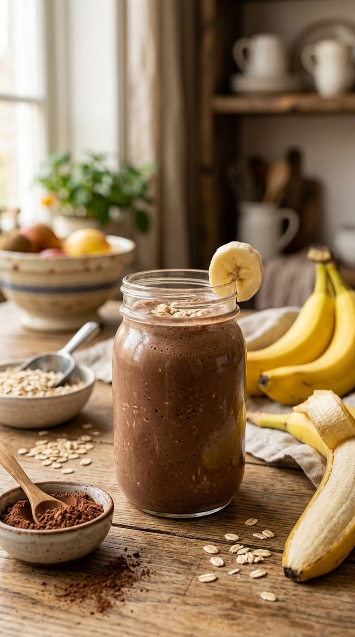 A dark brown chocolate banana oatmeal smoothie in a clear glass on a wooden table, with two banana slices balanced on the rim and a small pile of rolled oats spilled beside it.
