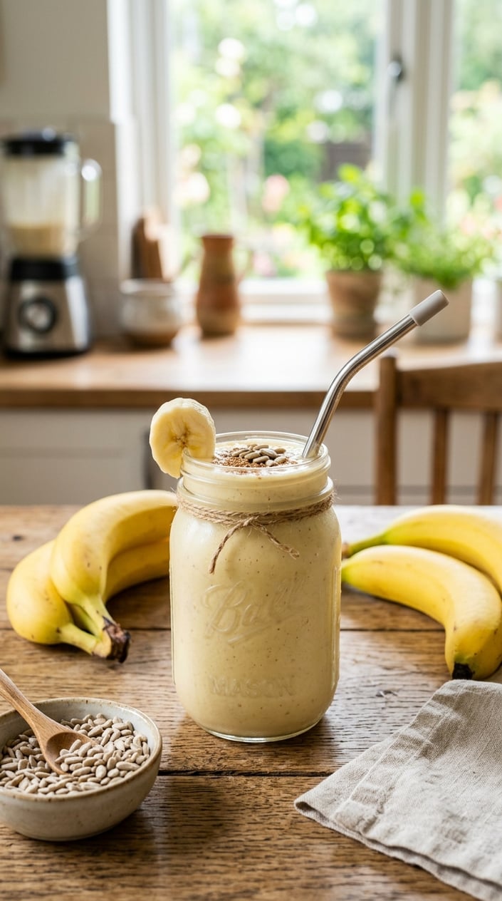 A glass jar filled with a thick creamy pale yellow banana smoothie garnished with a fan of sunflower seeds and a fresh banana slice balanced on the rim, set on a wooden table with two whole bananas and a small dish of sunflower seeds nearby.