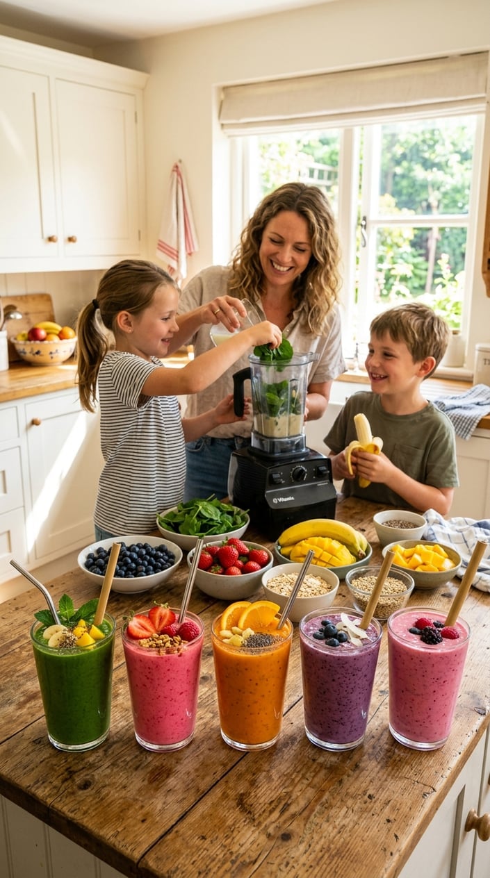 A parent and two young children standing at a bright white kitchen counter, each holding a different colored smoothie cup, with fresh strawberries, a halved mango, and a bunch of bananas spread out in front of them.