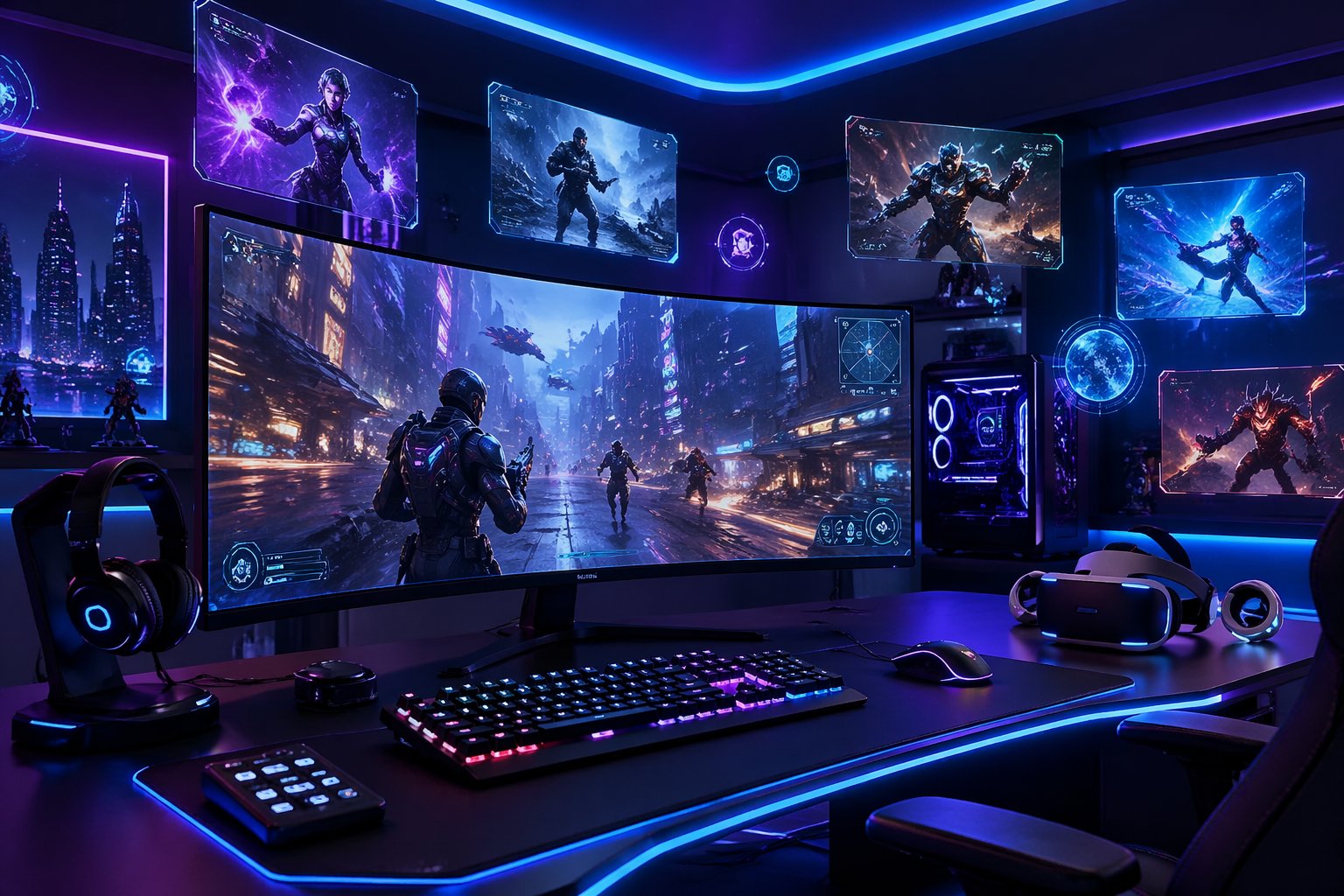 Sebuah ruangan gaming futuristik dengan monitor besar menampilkan permainan online dan perangkat gaming canggih di atas meja.