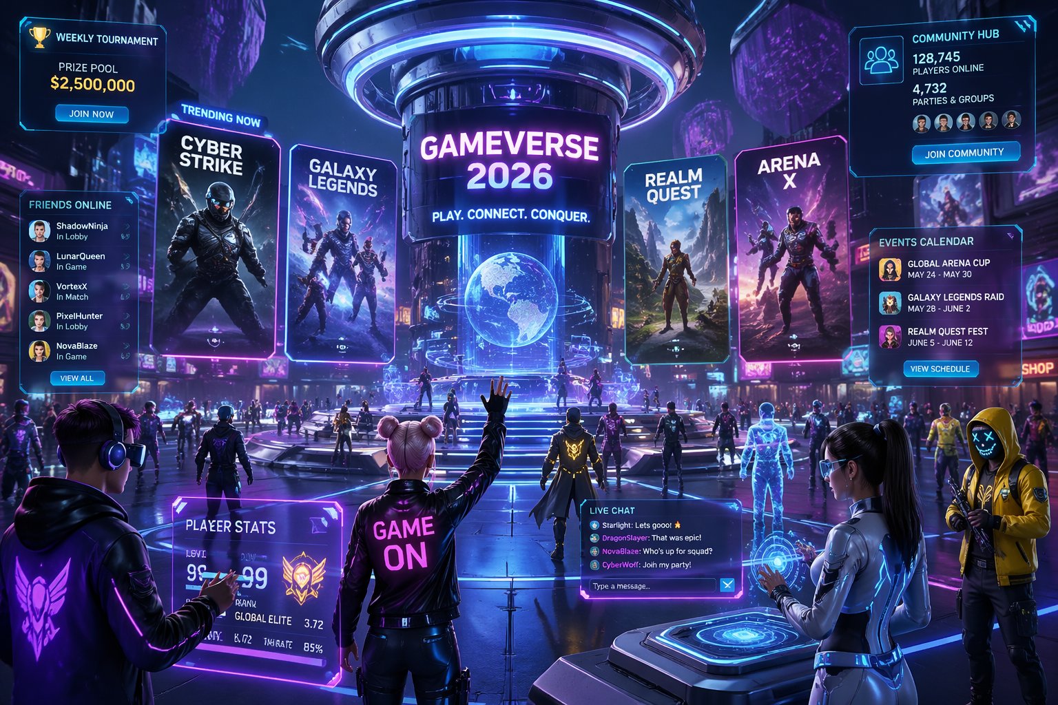 Pemandangan komunitas game online yang ramai dengan avatar pemain berinteraksi di arena virtual futuristik tahun 2026.