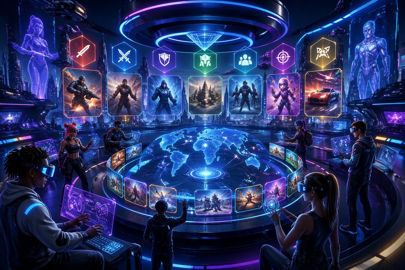 Pemandangan 3D dari pusat game digital futuristik dengan hologram dan avatar pemain yang berinteraksi, menampilkan berbagai genre game populer tahun 2026.