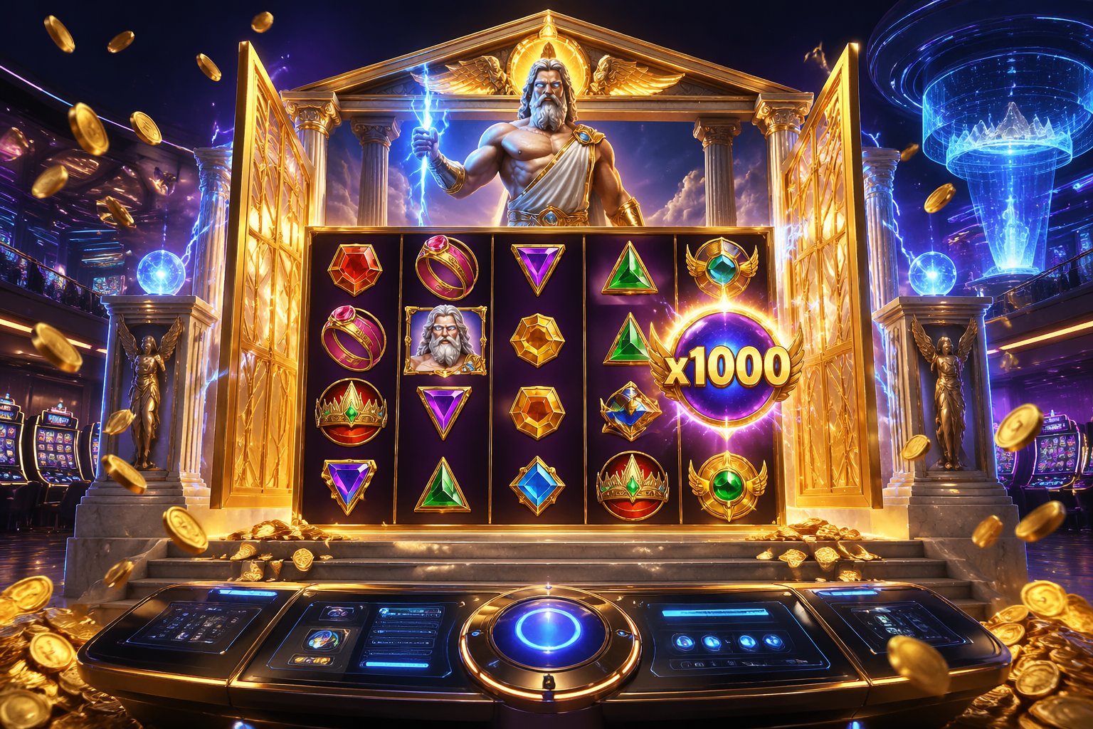 Tampilan mesin slot digital bertema gerbang Olympus dengan efek cahaya dan koin berkilauan di dalam kasino virtual modern.
