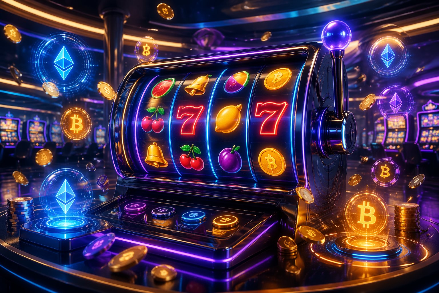 Mesin slot digital berwarna cerah dengan simbol buah dan koin emas di dalam kasino futuristik yang penuh lampu neon.