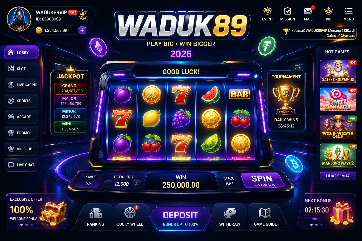 Tampilan mesin slot digital dengan latar belakang kasino virtual futuristik yang penuh lampu neon dan ikon permainan slot.